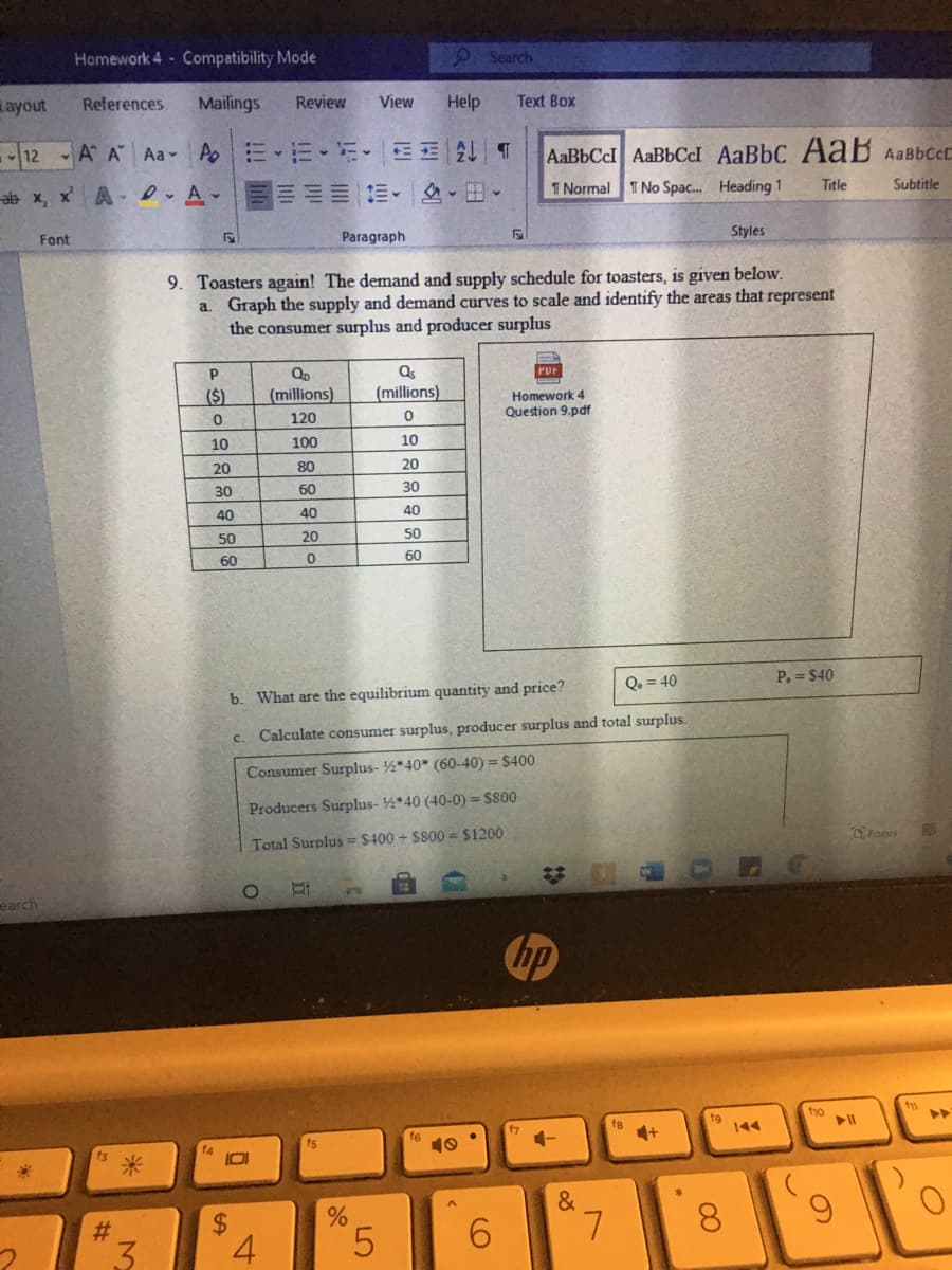 Homework 4 Compatibility Mode
9Search
ayout
References
Mailings
Review
View
Help
Text Box
-12
、A A Aa- Ao| 三、三. EE T
AaBbCcl AaBbCcI AaBbC AaB AABBCD
ab x, x A- - A-
三三=|三、 、田。
1 Normal T No Spac. Heading 1
Title
Subtitle
Styles
Font
Paragraph
9. Toasters again! The demand and supply schedule for toasters, is given below.
a. Graph the supply and demand curves to scale and identify the areas that represent
the consumer surplus and producer surplus
Qs
(millions)
P
PDF
($).
(millions)
Homework 4
Question 9.pdf
120
10
100
10
20
80
20
30
60
30
40
40
40
50
20
50
60
60
P. = $40
Qe = 40
b. What are the equilibrium quantity and price?
c.
Calculate consumer surplus, producer surplus and total surplus.
Consumer Surplus- 4*40* (60-40) = $400
Producers Surplus- *40 (40-0) = S800
Total Surplus = $400 + $800 = $1200
23
earch
hp
fyo
f8
tg
144
米
f4
IDI
8.
#3
3
4
5.
6.
96
%24
