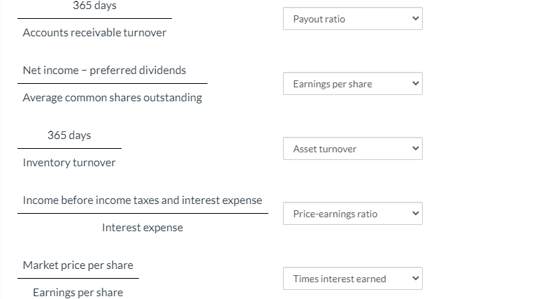 365 days
Payout ratio
Accounts receivable turnover
Net income - preferred dividends
Earnings per share
Average common shares outstanding
365 days
Asset turnover
Inventory turnover
Income before income taxes and interest expense
Price-earnings ratio
Interest expense
Market price per share
Times interest earned
Earnings per share
