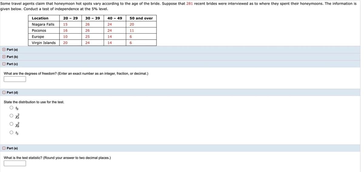 Some travel agents claim that honeymoon hot spots vary according to the age of the bride. Suppose that 281 recent brides were interviewed as to where they spent their honeymoons. The information is
given below. Conduct a test of independence at the 5% level.
Location
20 - 29
30 - 39
40 - 49
50 and over
Niagara Falls
15
26
24
20
Poconos
16
26
24
11
Europe
10
25
14
6
Virgin Islands
20
24
14
O Part (a)
O Part (b)
O Part (c)
What are the degrees of freedom? (Enter an exact number as an integer, fraction, or decimal.)
O Part (d)
State the distribution to use for the test.
O tg
O t3
O Part (e)
What is the test statistic? (Round your answer to two decimal places.)
