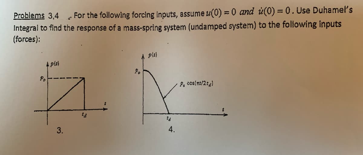 Problems 3,4
For the following forcing inputs, assume u(0) = 0 and ü(0) = 0.Use Duhamel's
Integral to find the response of a mass-spring system (undamped system) to the following inputs
(forces):
4 か)
A pie)
Po
Po
P. cos(mt/2ta)
3.
4.
