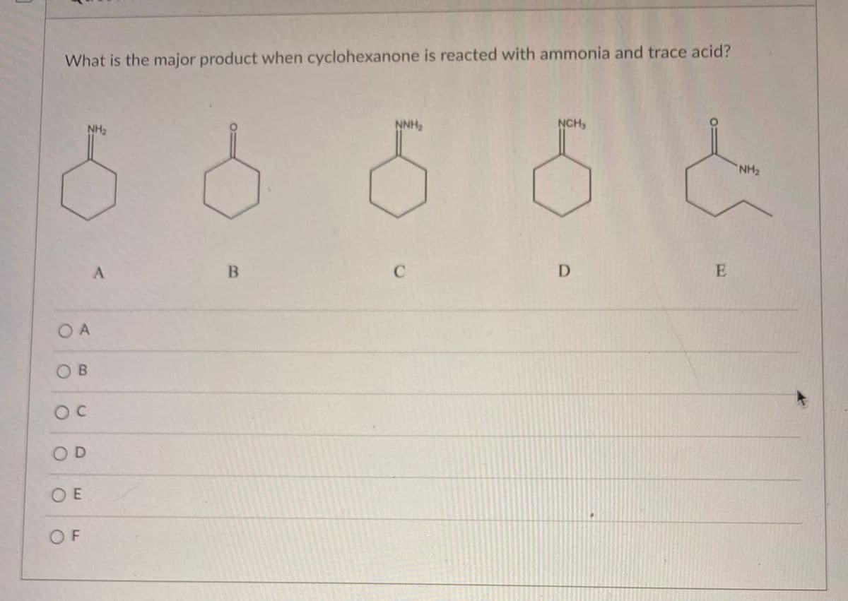 What is the major product when cyclohexanone is reacted with ammonia and trace acid?
NH2
NNH2
NCH3
NH2
A.
C
O A
O B
OD
O E
OF
