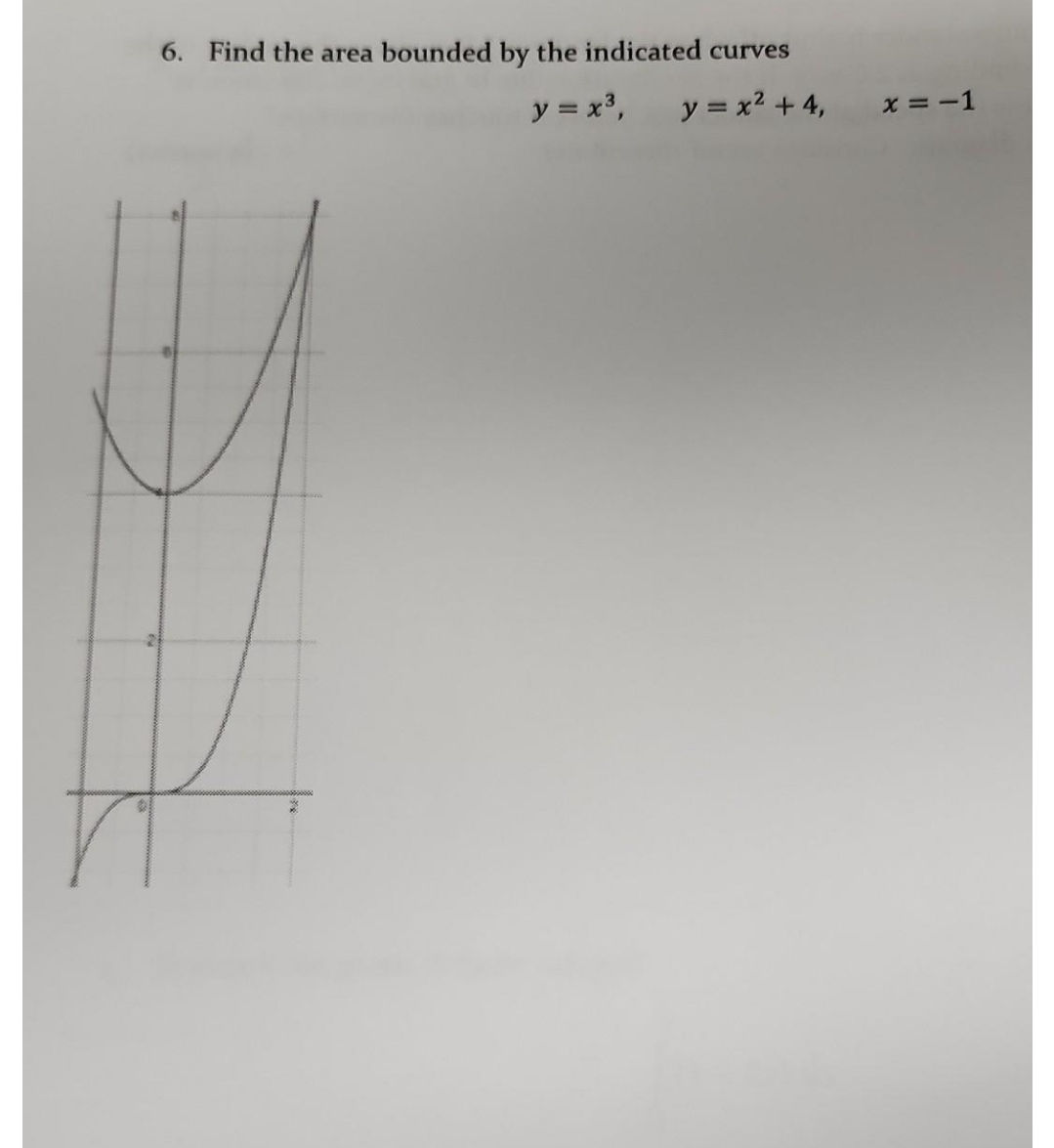 6. Find the area bounded by the indicated curves
y = x³,
y = x² + 4,
x = -1