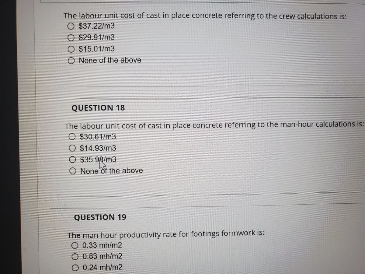 The labour unit cost of cast in place concrete referring to the crew calculations is:
O $37.22/m3
$29.91/m3
$15.01/m3
O None of the above
QUESTION 18
The labour unit cost of cast in place concrete referring to the man-hour calculations is:
O $30.61/m3
O $14.93/m3
O $35.98/m3
O None of the above
QUESTION 19
The man hour productivity rate for footings formwork is:
O 0.33 mh/m2
O 0.83 mh/m2
O 0.24 mh/m2
