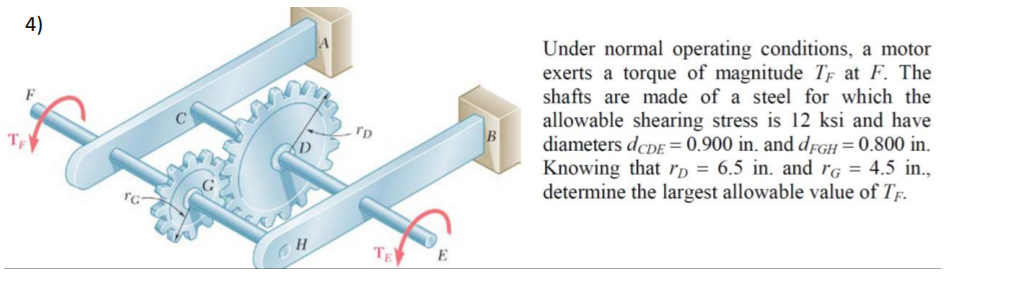 4)
Under normal operating conditions, a motor
exerts a torque of magnitude TF at F. The
shafts are made of a steel for which the
allowable shearing stress is 12 ksi and have
diameters dcDE = 0.900 in. and dfGH = 0.800 in.
Knowing that rd = 6.5 in. and rg = 4.5 in.,
determine the largest allowable value of Tf.
rc-
TE
