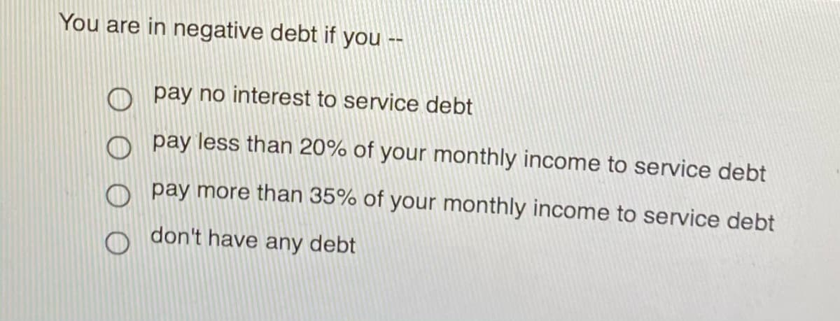 You are in negative debt if you --
pay no interest to service debt
pay less than 20% of your monthly income to service debt
pay more than 35% of your monthly income to service debt
don't have any debt
