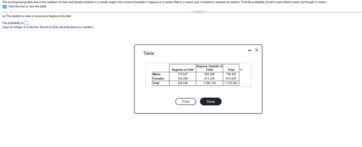 The accompanying table shows the numbers of male and female students in a certain region who received bachelor's degrees in a certain field in a recent year. A student is selected at random. Find the probability of each event listed in parts (a) through (c) below.

(a) The student is male or received a degree in the field.

The probability is [ ].  
(Type an integer or a decimal. Round to three decimal places as needed.)

**Table:**

|                | Degrees in Field | Degrees Outside of Field | Total    |
|----------------|------------------|-------------------------|----------|
| Males          | 175,047          | 583,308                 | 758,355  |
| Females        | 163,499          | 811,430                 | 974,929  |
| Total          | 338,546          | 1,394,738               | 1,733,284| 

**Explanation of the Table:**

- The table categorizes students by gender (males and females) and by whether they received degrees in a specific field or outside the field.
- For males:
  - 175,047 received degrees in the field.
  - 583,308 received degrees outside the field.
  - Total male graduates: 758,355.
- For females:
  - 163,499 received degrees in the field.
  - 811,430 received degrees outside the field.
  - Total female graduates: 974,929.
- Overall totals:
  - 338,546 received degrees in the field.
  - 1,394,738 received degrees outside the field.
  - Total graduates: 1,733,284.

The table helps in calculating probabilities related to gender and the field of study.