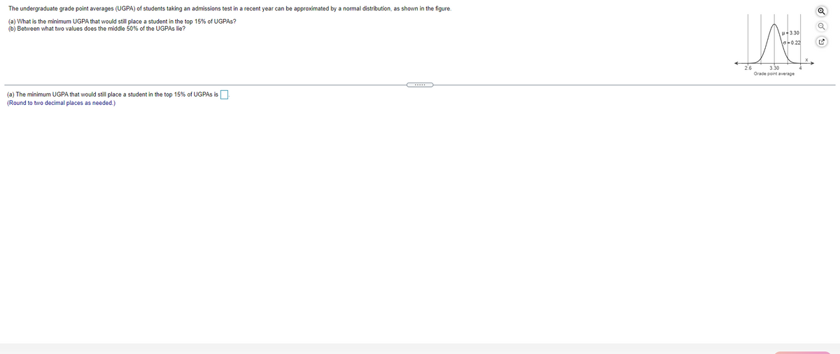 The undergraduate grade point averages (UGPA) of students taking an admissions test in a recent year can be approximated by a normal distribution, as shown in the figure.
(a) What is the minimum UGPA that would still place a student in the top 15% of UGPAS?
(b) Between what two values does the middle 50% of the UGPAS lie?
H= 3.30
\야0.22|
3.30
Grade point average
(a) The minimum UGPA that would still place a student in the top 15% of UGPAS isO
(Round to two decimal places as needed.)

