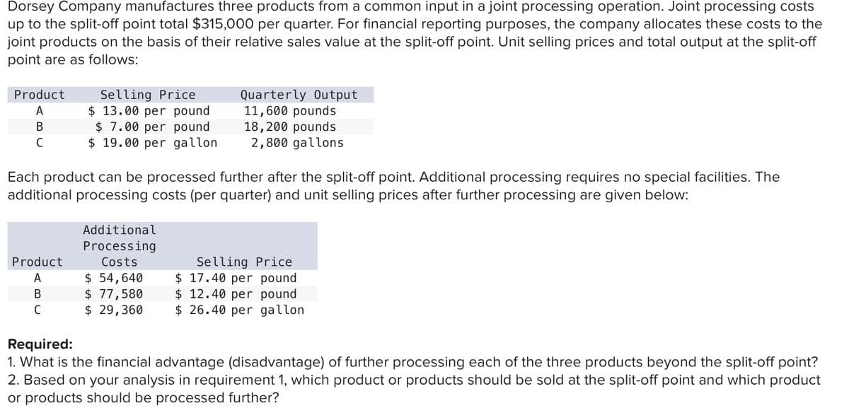 Dorsey Company manufactures three products from a common input in a joint processing operation. Joint processing costs
up to the split-off point total $315,000 per quarter. For financial reporting purposes, the company allocates these costs to the
joint products on the basis of their relative sales value at the split-off point. Unit selling prices and total output at the split-off
point are as follows:
Selling Price
$ 13.00 per pound
$ 7.00 per pound
$ 19.00 per gallon
Quarterly Output
11,600 pounds
18,200 pounds
2,800 gallons
Product
A
В
C
Each product can be processed further after the split-off point. Additional processing requires no special facilities. The
additional processing costs (per quarter) and unit selling prices after further processing are given below:
Additional
Processing
Selling Price
$ 17.40 per pound
$ 12.40 per pound
$ 26.40 per gallon
Product
Costs
$ 54,640
$ 77,580
$ 29,360
A
В
Required:
1. What is the financial advantage (disadvantage) of further processing each of the three products beyond the split-off point?
2. Based on your analysis in requirement 1, which product or products should be sold at the split-off point and which product
or products should be processed further?
