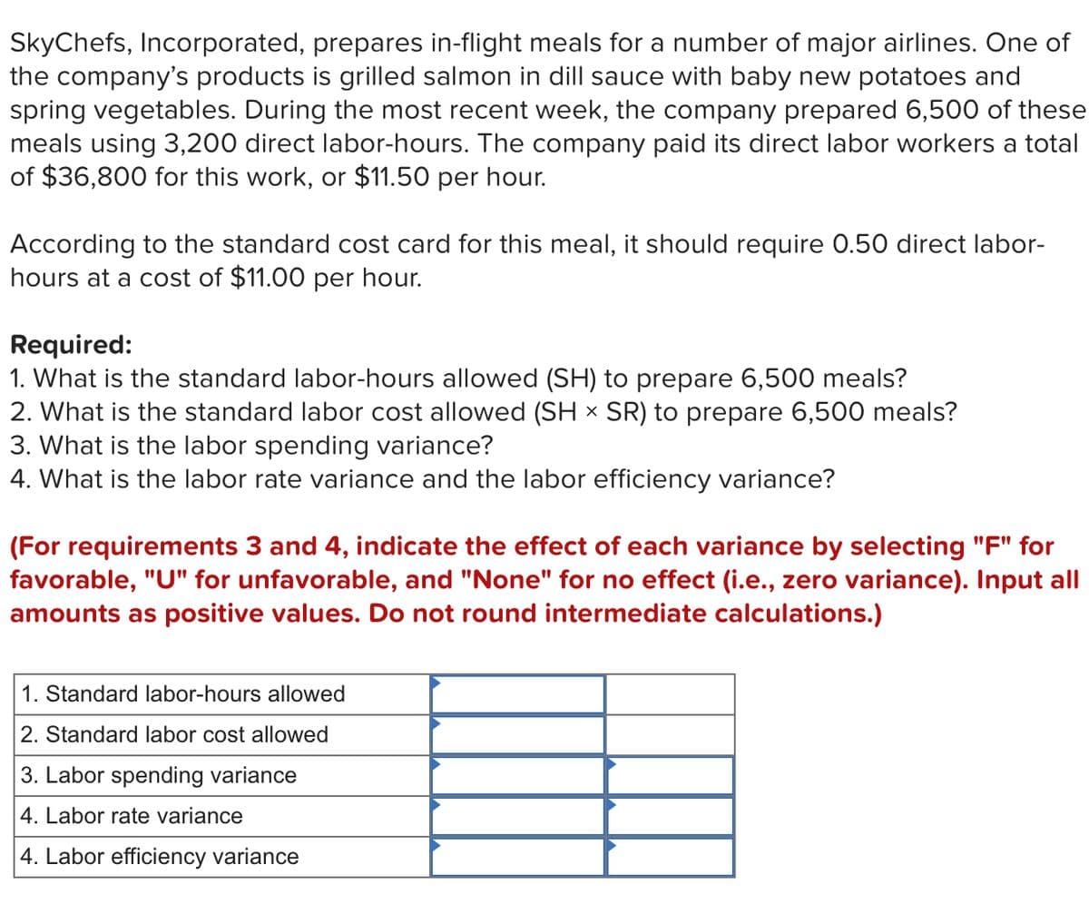 SkyChefs, Incorporated, prepares in-flight meals for a number of major airlines. One of
the company's products is grilled salmon in dill sauce with baby new potatoes and
spring vegetables. During the most recent week, the company prepared 6,500 of these
meals using 3,200 direct labor-hours. The company paid its direct labor workers a total
of $36,800 for this work, or $11.50 per hour.
According to the standard cost card for this meal, it should require 0.50 direct labor-
hours at a cost of $11.00 per hour.
Required:
1. What is the standard labor-hours allowed (SH) to prepare 6,500 meals?
2. What is the standard labor cost allowed (SH × SR) to prepare 6,500 meals?
3. What is the labor spending variance?
4. What is the labor rate variance and the labor efficiency variance?
(For requirements 3 and 4, indicate the effect of each variance by selecting "F" for
favorable, "U" for unfavorable, and "None" for no effect (i.e., zero variance). Input all
amounts as positive values. Do not round intermediate calculations.)
1. Standard labor-hours allowed
2. Standard labor cost allowed
3. Labor spending variance
4. Labor rate variance
4. Labor efficiency variance
