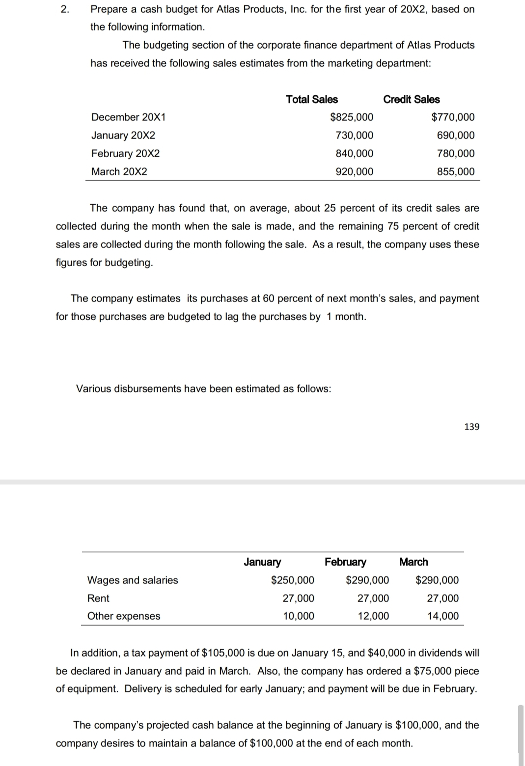 2.
Prepare a cash budget for Atlas Products, Inc. for the first year of 20X2, based on
the following information.
The budgeting section of the corporate finance department of Atlas Products
has received the following sales estimates from the marketing department:
Total Sales
Credit Sales
December 20X1
$825,000
$770,000
January 20X2
730,000
690,000
February 20X2
840,000
780,000
March 20X2
920,000
855,000
The company has found that, on average, about 25 percent of its credit sales are
collected during the month when the sale is made, and the remaining 75 percent of credit
sales are collected during the month following the sale. As a result, the company uses these
figures for budgeting.
The company estimates its purchases at 60 percent of next month's sales, and payment
for those purchases are budgeted to lag the purchases by 1 month.
Various disbursements have been estimated as follows:
139
January
February
March
Wages and salaries
$250,000
$290,000
$290,000
Rent
27,000
27,000
27,000
Other expenses
10,000
12,000
14,000
In addition, a tax payment of $105,000 is due on January 15, and $40,000 in dividends will
be declared in January and paid in March. Also, the company has ordered a $75,000 piece
of equipment. Delivery is scheduled for early January; and payment will be due in February.
The company's projected cash balance at the beginning of January is $100,000, and the
company desires to maintain a balance of $100,000 at the end of each month.
