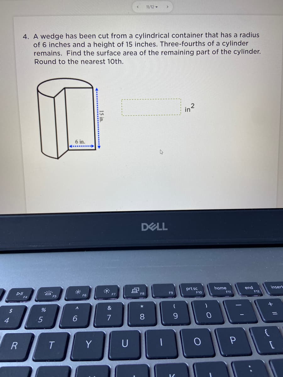 **Problem Statement:**

4. A wedge has been cut from a cylindrical container that has a radius of 6 inches and a height of 15 inches. Three-fourths of a cylinder remains. Find the surface area of the remaining part of the cylinder. Round to the nearest 10th.

**Diagram Explanation:**

A cylindrical container is shown with a wedge removed, indicating that three-fourths of the cylinder remains. The given measurements are:
- Radius (r) = 6 inches
- Height (h) = 15 inches

**Solution Steps:**

Overall, this problem involves calculating the surface area of a portion of a cylinder after a wedge is removed. The key steps involve:

1. Calculate the complete surface area of the original cylinder.
2. Determine the proportion of the surface area that remains.
3. Adjust and find the surface area of the remaining three-fourths of the cylinder.

**Useful Formulas:**

1. Surface area of a cylinder (without the top and bottom) = \( 2\pi rh \)
2. Surface area of the top and bottom of the cylinder = \( 2\pi r^2 \)

**Step-by-step Calculation:**

1. Surface area of the cylindrical side:
   \[ 2\pi rh = 2\pi \times 6 \times 15 = 180\pi \ \text{square inches} \]

2. Surface area of the top and bottom:
   \[ 2\pi r^2 = 2\pi \times 6^2 = 72\pi \ \text{square inches} \]

3. Total surface area of the whole cylinder:
   \[ \text{Total} = 180\pi + 72\pi = 252\pi \ \text{square inches} \]

4. Since only three-fourths of the cylinder remains, we take three-fourths of the total surface area:
   \[ \text{Remaining surface area} = \frac{3}{4} \times 252\pi = 189\pi \ \text{square inches} \]

5. Convert the final surface area to a decimal value and round to the nearest 10th:
   \[ 189\pi \approx 593.6 \ \text{square inches} \]

**Answer:**

The surface area of the remaining part of the cylinder is approximately \( 593.6 \ \text