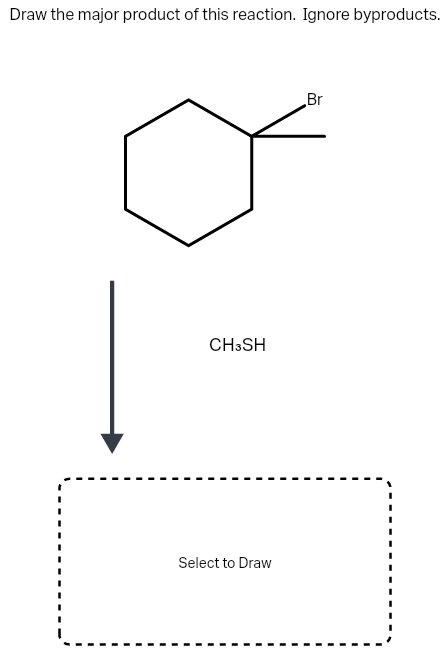 Draw the major product of this reaction. Ignore byproducts.
Br
CH:SH
Select to Draw
