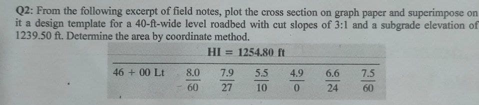 Q2: From the following excerpt of field notes, plot the cross section on graph paper and superimpose on
it a design template for a 40-ft-wide level roadbed with cut slopes of 3:1 and a subgrade elevation of
1239.50 ft. Determine the area by coordinate method.
HI = 1254.80 ft
46 + 00 Lt
8.0
7.9
5.5
4.9
6.6
7.5
60
27
10
24
60
