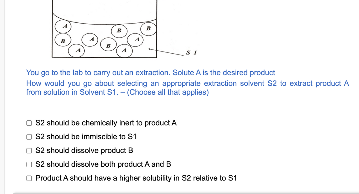 В
B
A
B
В
A
A
S 1
You go to the lab to carry out an extraction. Solute A is the desired product
How would you go about selecting an appropriate extraction solvent S2 to extract product A
from solution in Solvent S1. – (Choose all that applies)
S2 should be chemically inert to product A
S2 should be immiscible to S1
S2 should dissolve product B
S2 should dissolve both product A and B
Product A should have a higher solubility in S2 relative to S1
