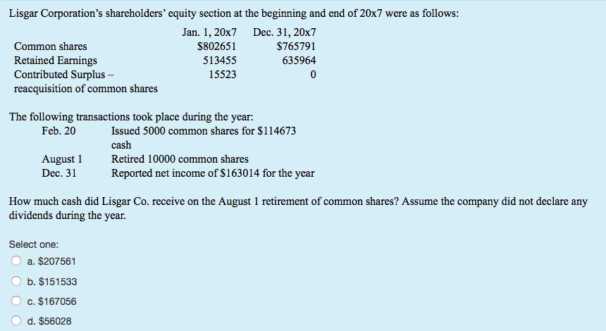 Lisgar Corporation's shareholders' equity section at the beginning and end of 20x7 were as follows:
Jan. 1, 20x7 Dec. 31, 20x7
$765791
635964
0
Common shares
Retained Earnings
Contributed Surplus -
reacquisition of common shares
The following transactions took place during the year:
Feb. 20
August 1
Dec. 31
$802651
513455
15523
Select one:
How much cash did Lisgar Co. receive on the August 1 retirement of common shares? Assume the company did not declare any
dividends during the year.
a. $207561
b. $151533
c. $167056
d. $56028
Issued 5000 common shares for $114673
cash
Retired 10000 common shares
Reported net income of $163014 for the year