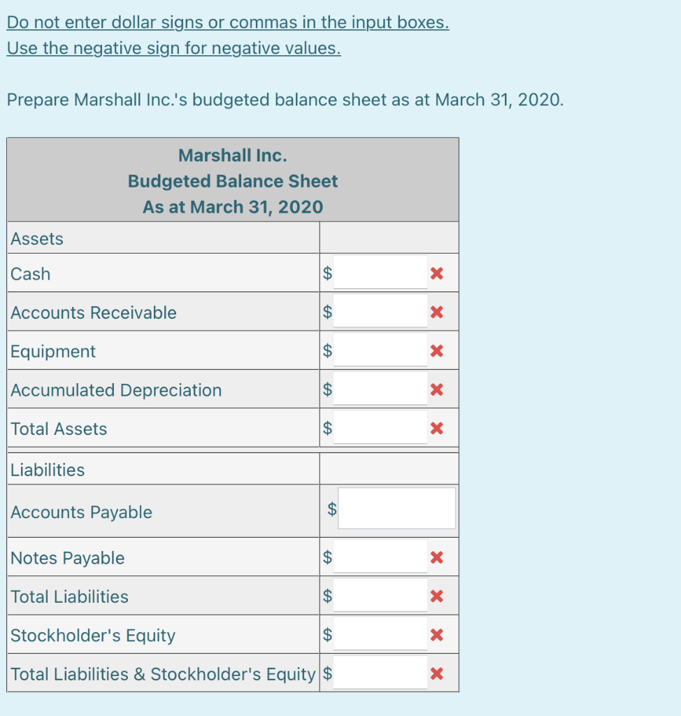 Do not enter dollar signs or commas in the input boxes.
Use the negative sign for negative values.
Prepare Marshall Inc.'s budgeted balance sheet as at March 31, 2020.
Assets
Cash
Accounts Receivable
Marshall Inc.
Budgeted Balance Sheet
As at March 31, 2020
Equipment
Accumulated Depreciation
Total Assets
Liabilities
Accounts Payable
Notes Payable
Total Liabilities
$
FA
$
FA
$
FA
$
$
to
$
Stockholder's Equity
$
Total Liabilities & Stockholder's Equity $
FA
X
X
X
X
X
X
X
× ×
X