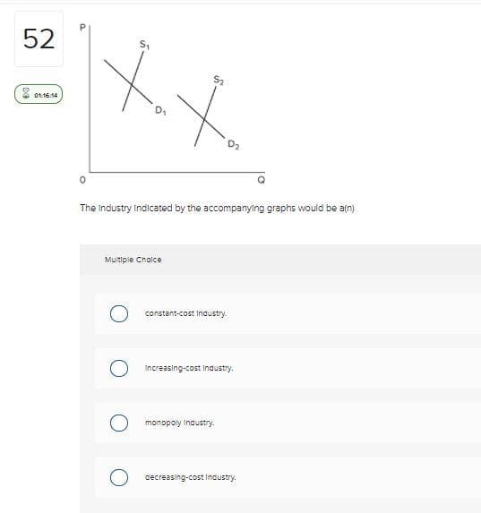 52
01:16:34
P
55
51
°
The Industry Indicated by the accompanying graphs would be a(n)
Multiple Choice
о
constant-cost Industry.
Increasing-cost Industry.
monopoly Industry.
decreasing-cost Industry.