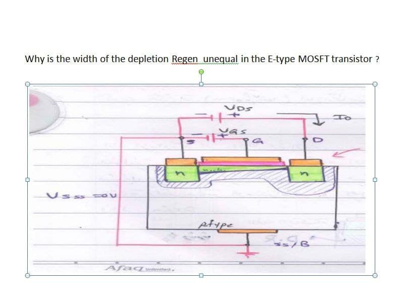 Why is the width of the depletion Regen unequal in the E-type MOSFT transistor ?
오
후
Usss =OV
Afaq United
UDS
was
Sat
ptype
G
B
To
후