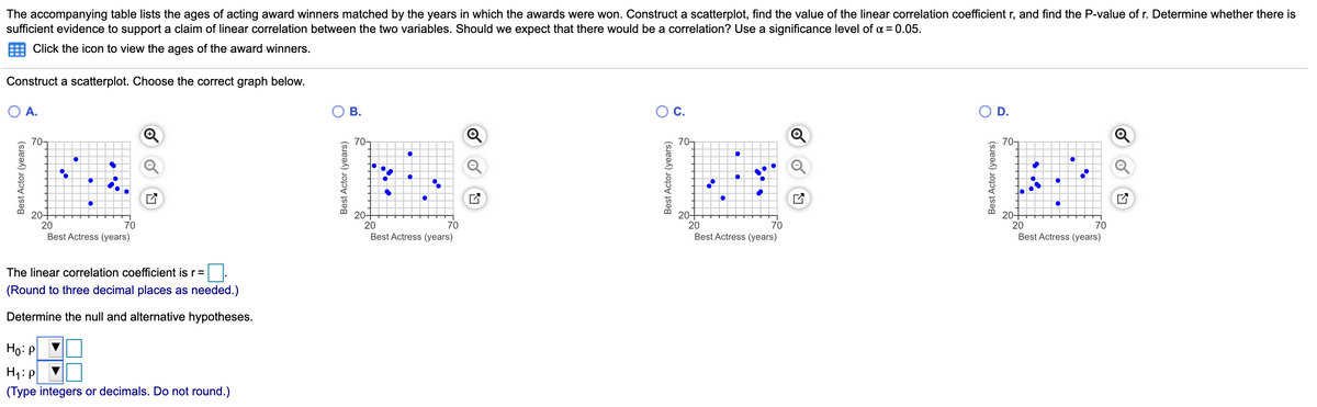 The accompanying table lists the ages of acting award winners matched by the years in which the awards were won. Construct a scatterplot, find the value of the linear correlation coefficient r, and find the P-value of r. Determine whether there is
sufficient evidence to support a claim of linear correlation between the two variables. Should we expect that there would be a correlation? Use a significance level of a = 0.05.
Click the icon to view the ages of the award winners.
Construct a scatterplot. Choose the correct graph below.
OA.
В.
С.
O D.
70-
70-
70-
70-
20+
20
20+
20
Best Actress (years)
20-
20
Best Actress (years)
20+
20
Best Actress (years)
70
70
70
70
Best Actress (years)
The linear correlation coefficient is r=
(Round to three decimal places as needed.)
Determine the null and alternative hypotheses.
Ho: P
(Type integers or decimals. Do not round.)
Best Actor (years)
Best Actor (years)
Best Actor (years)
Best Actor (years)
