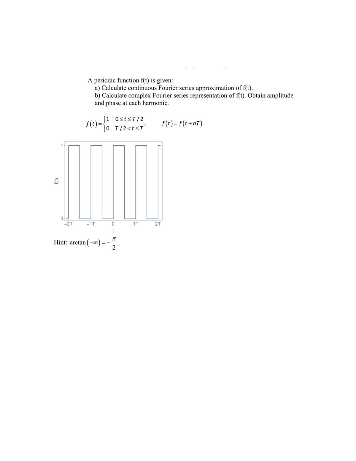 A periodic function f(t) is given:
a) Calculate continuous Fourier series approximation of f(t).
b) Calculate complex Fourier series representation of f(t). Obtain amplitude
and phase at each harmonic.
1 0st<T/2
f (t) =
f(t) = f(t+nT)
T/2<t<T'
1
-2T
-1T
1T
2T
Hint: arctan(-00
o - RON
(1)4
