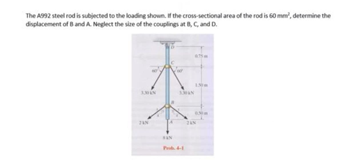 The A992 steel rod is subjected to the loading shown. If the cross-sectional area of the rod is 60 mm, determine the
displacement of B and A. Neglect the size of the couplings at B, C, and D.
0.75 m
150 m
3.30 AN
1.30AN
0.50 m
24N
2AN
NAN
Prob. 4-1
