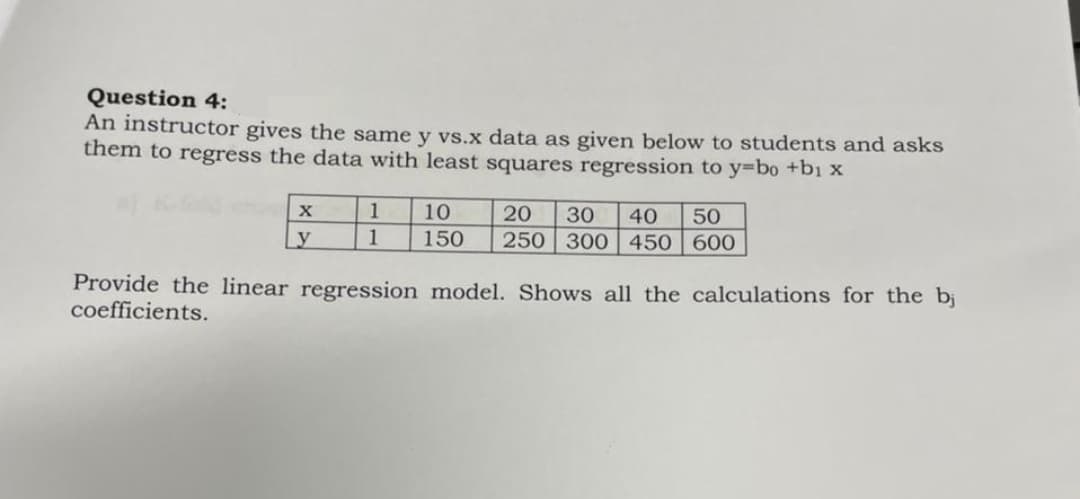 Question 4:
An instructor gives the same y vs.x data as given below to students and asks
them to regress the data with least squares regression to y=bo +b₁ x
X
y
1
10
20 30 40 50
1 150 250 300 450 600
Provide the linear regression model. Shows all the calculations for the bi
coefficients.