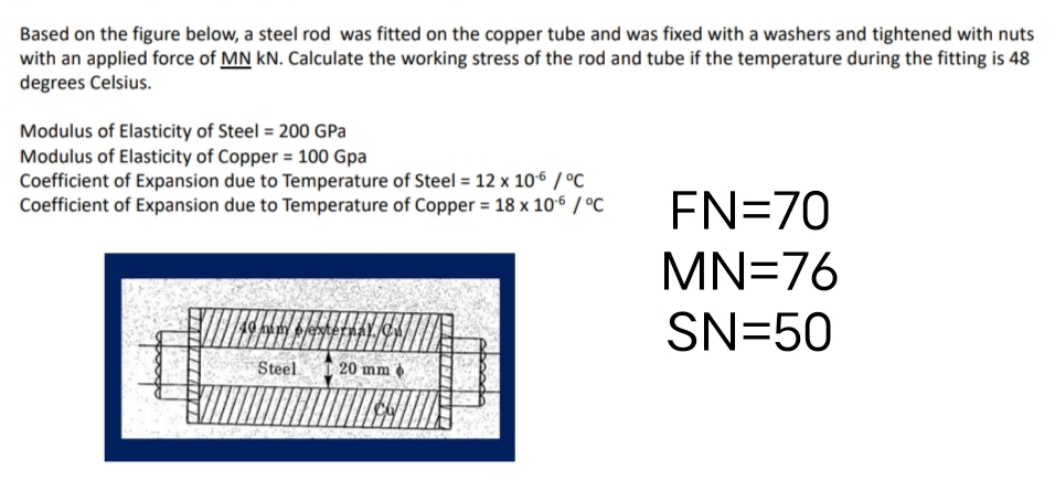 Based on the figure below, a steel rod was fitted on the copper tube and was fixed with a washers and tightened with nuts
with an applied force of MN kN. Calculate the working stress of the rod and tube if the temperature during the fitting is 48
degrees Celsius.
Modulus of Elasticity of Steel = 200 GPa
Modulus of Elasticity of Copper = 100 Gpa
Coefficient of Expansion due to Temperature of Steel = 12 x 106 / °C
Coefficient of Expansion due to Temperature of Copper = 18 x 106 / °C
FN=70
MN=76
SN=50
Steel
20 mm
