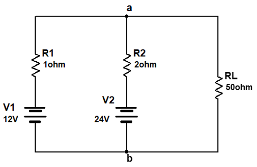 a
R1
R2
1ohm
2ohm
RL
50ohm
V2
V1
12V
24V
