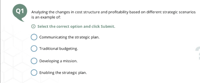 Q1
Analyzing the changes in cost structure and profitability based on different strategic scenarios
is an example of:
Select the correct option and click Submit.
Communicating the strategic plan.
Traditional budgeting.
Developing a mission.
Enabling the strategic plan.