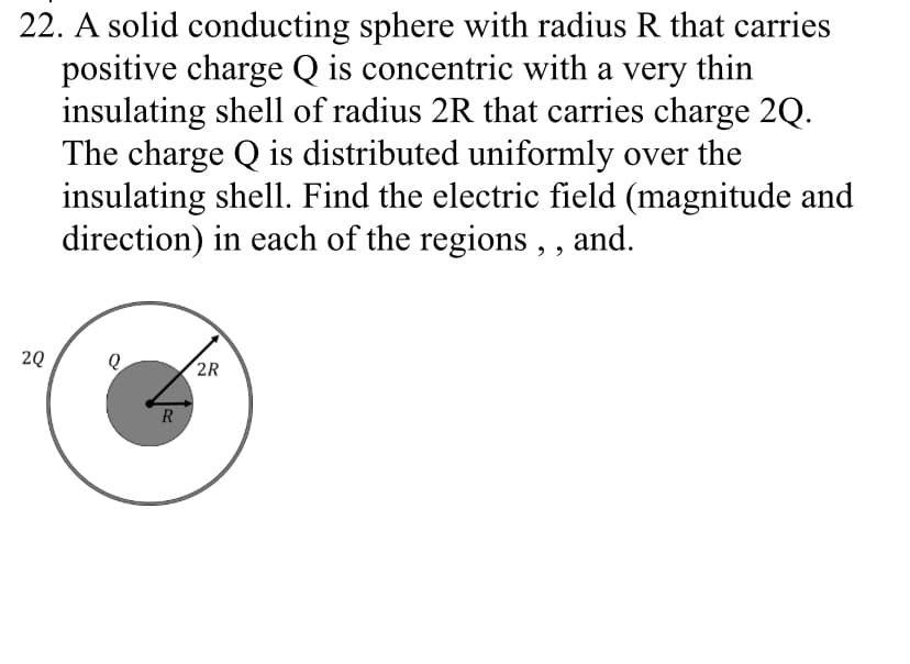 22. A solid conducting sphere with radius R that carries
positive charge Q is concentric with a very thin
insulating shell of radius 2R that carries charge 2Q.
The charge Q is distributed uniformly over the
insulating shell. Find the electric field (magnitude and
direction) in each of the regions , , and.
2Q
2R
R
