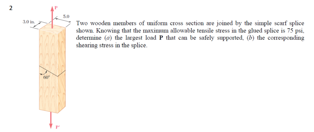 2
5.0
3.0 in.
Two wooden members of uniform cross section are joined by the simple scarf splice
shown. Knowing that the maximum allowable tensile stress in the glued splice is 75 psi,
determine (a) the largest load P that can be safely supported, (b) the corresponding
shearing stress in the splice.
60°
P'
