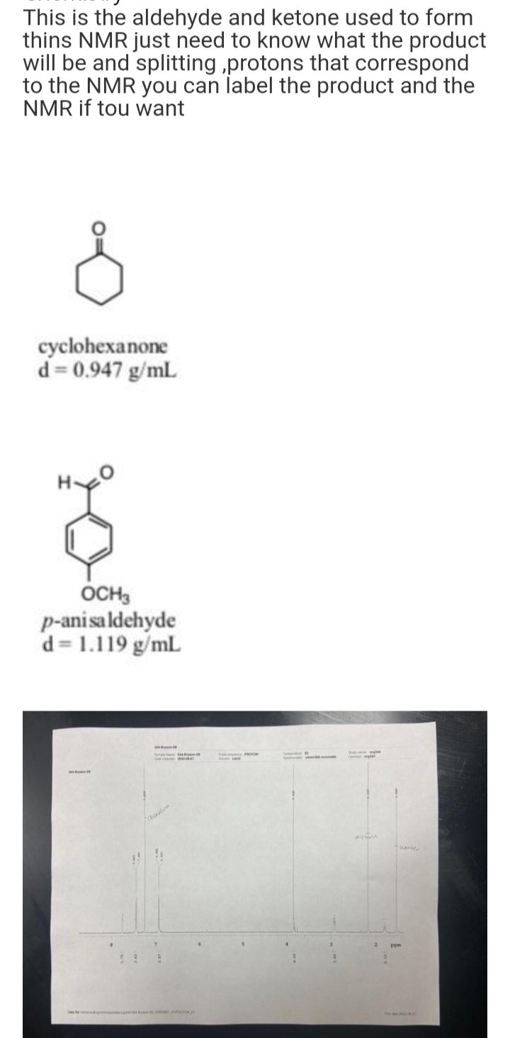 This is the aldehyde and ketone used to form
thins NMR just need to know what the product
will be and splitting,protons that correspond
to the NMR you can label the product and the
NMR if tou want
cyclohexanone
d = 0.947 g/mL
OCH3
p-ani saldehyde
d = 1.119 g/mL
79