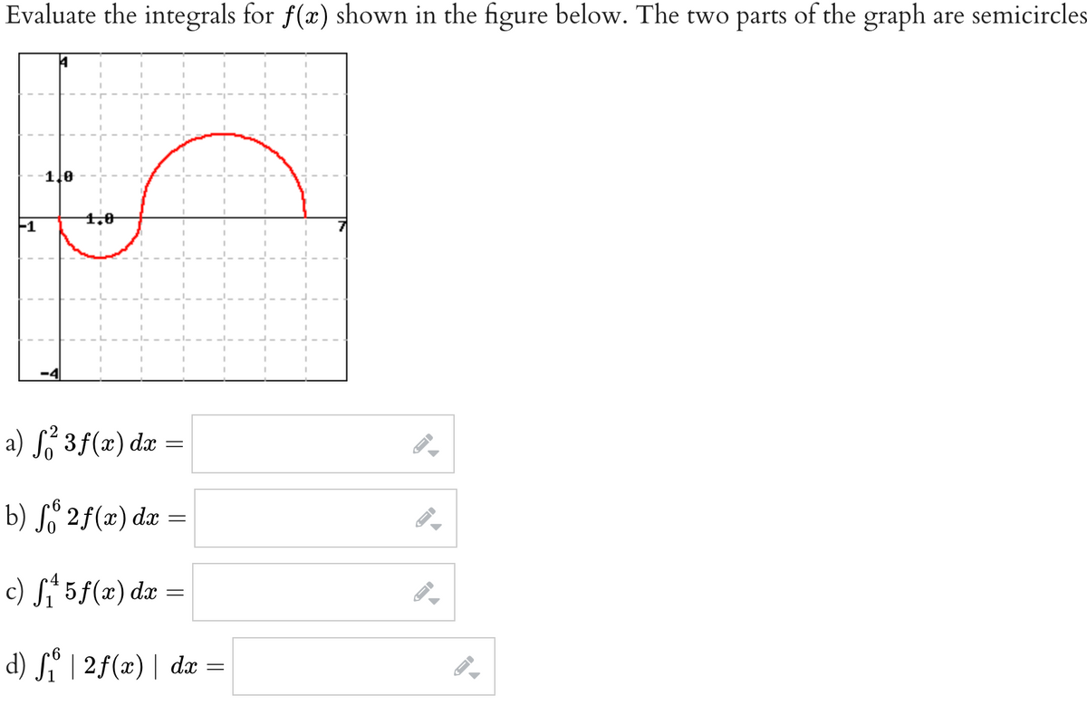 Evaluate the integrals for f(x) shown in the figure below. The two parts of the graph are semicircles
1.0
1.0
a) Sº 3f(x) dæ
b) Sº 2f(x) dx
c) S* 5f(x) dæ =
d) Sº | 2f(x) | dx =
