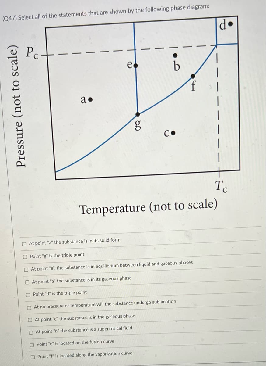 (Q47) Select all of the statements that are shown by the following phase diagram:
Pc
e
a•
C•
Tc
Temperature (not to scale)
O At point "a" the substance is in its solid form
O Point "g" is the triple point
O At point "e", the substance is in equilibrium between liquid and gaseous phases
O At point "a" the substance is in its gaseous phase
O Point "d" is the triple point
O At no pressure or temperature will the substance undergo sublimation
O At point "c" the substance is in the gaseous phase
O At point "d" the substance is a supercritical fluid
Point "e" is located on the fusion curve
O Point "f" is located along the vaporization curve
Pressure (not to scale)
