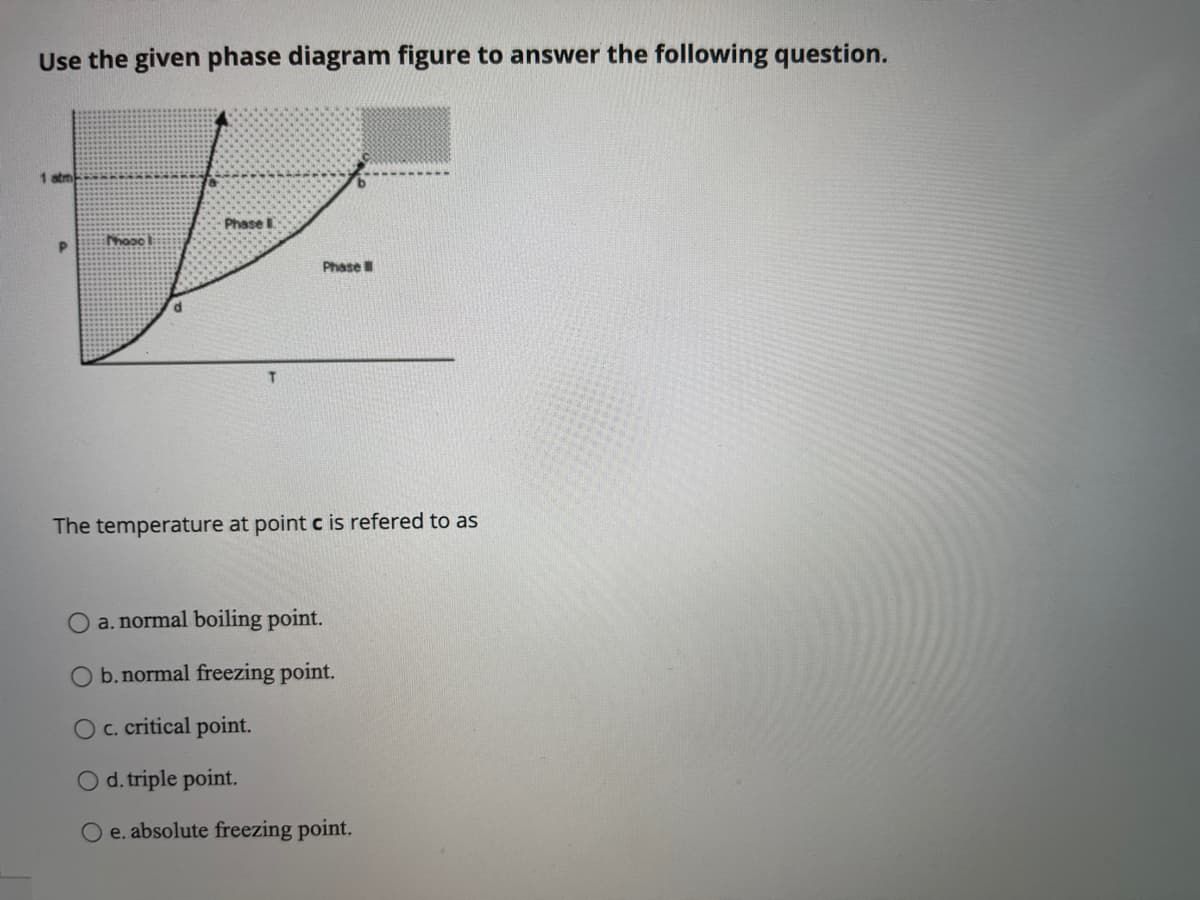 Use the given phase diagram figure to answer the following question.
1 atm
Phase
Phase
The temperature at point c is refered to as
O a. normal boiling point.
b.normal freezing point.
Oc. critical point.
d. triple point.
O e. absolute freezing point.
