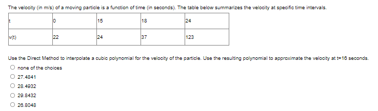 The velocity (in m/s) of a moving particle is a function of time (in seconds). The table below summarizes the velocity at specific time intervals.
15
18
24
v(t)
22
24
37
123
Use the Direct Method to interpolate a cubic polynomial for the velocity of the particle. Use the resulting polynomial to approximate the velocity at t=16 seconds.
none of the choices
27.4841
28.4932
O 29.8432
O 28.8048
