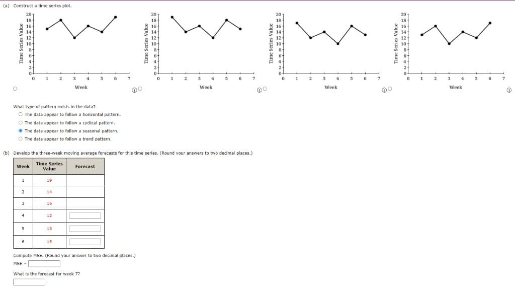(a) Construct a time series plot.
20
20
20
20
18
18
18
16
16
14-
14
12-
12
10-
10
10
8.
8-
6-
6-
4-
4
4
2-
2
1
2
3
4
5
6
1
2
3
4
5
6
1
3
6
1
2
4
5
6
Week
Week
Week
Week
What type of pattern exists in the data?
O The data appear to follow a horizontal pattern.
O The data appear to follow a cyclical pattern.
• The data appear to follow a seasonal pattern.
O The data appear to follow a trend pattern.
(b) Develop the three-week moving average forecasts for this time serles. (Round your answers to two dedimal places.)
Time Series
Week
Forecast
Value
1
19
2
14
3
16
4
12
16
15
Compute MSE. (Round your answer to two decimal places.)
MSE -
What is the forecast for week 77
Time Series Value
