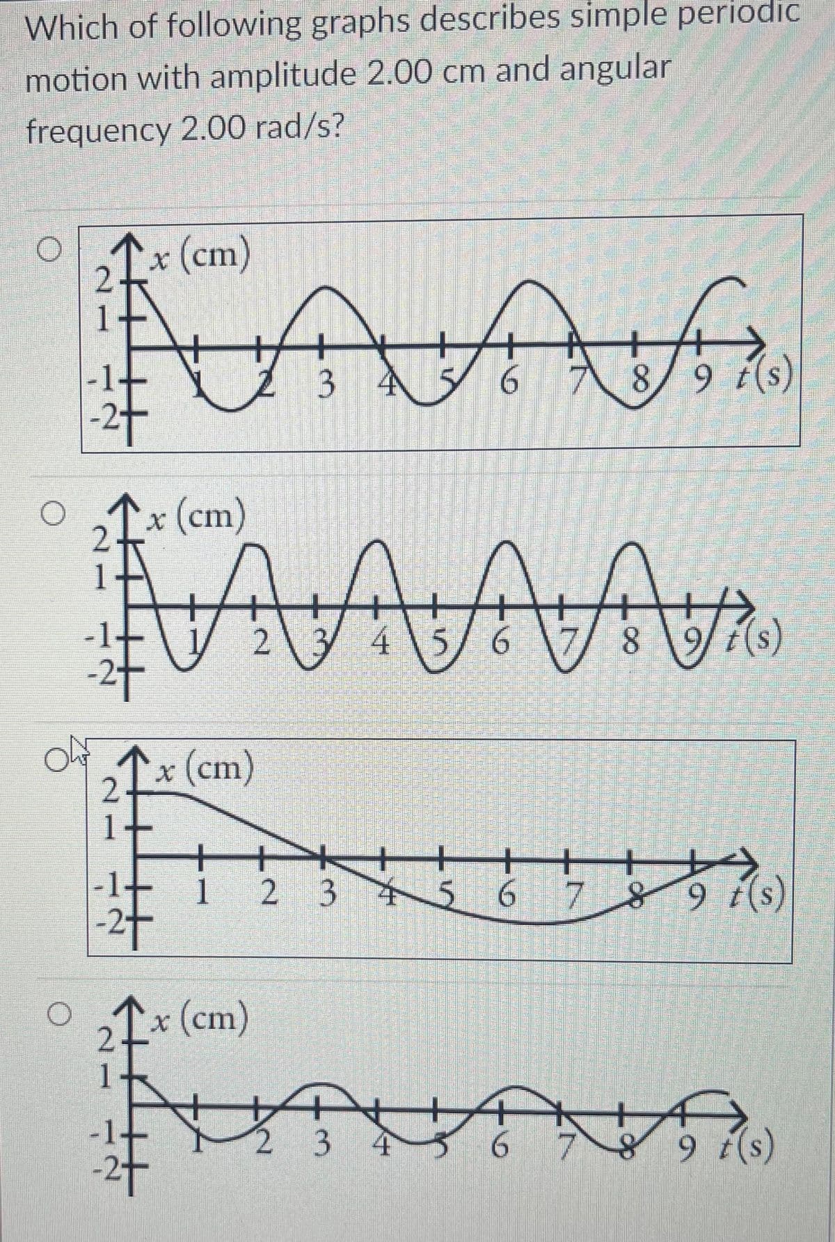 Which of following graphs describes simple periodic
motion with amplitude 2.00 cm and angular
frequency 2.00 rad/s?
x (cm)
2.
पीजीतिपरत
3 4
6
8/9 t(s
to
x(cm)
4 \5/ 6
8.
1x (cm)
1
-1+
1 2 3 s6 7 89 t(s,
++
-2+
x (cm)
2-
1
3 4
6 789 (s)
