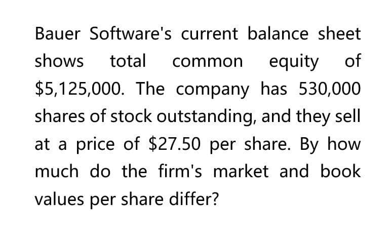 Bauer Software's current balance sheet
shows total common equity of
$5,125,000. The company has 530,000
shares of stock outstanding, and they sell
at a price of $27.50 per share. By how
much do the firm's market and book
values per share differ?