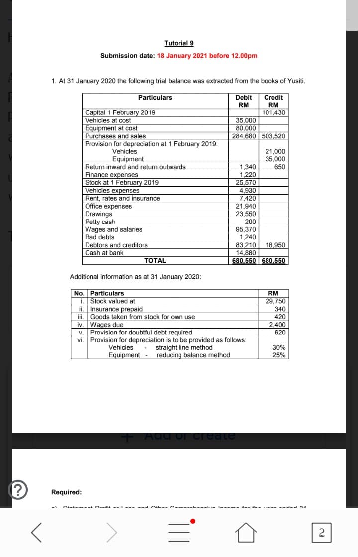 Tutorial 9
Submission date: 18 January 2021 before 12.00pm
1. At 31 January 2020 the following trial balance was extracted from the books of Yusiti.
Particulars
Debit
RM
Credit
RM
101,430
Capital 1 February 2019
Vehiçles at cost
Equipment at cost
Purchases and sales
Provision for depreciation at 1 February 2019:
35,000
80,000
284,680 503,520
Vehicles
Equipment
Return inward and return outwards
21,000
35,000
650
1,340
1,220
25,570
4,930
7,420
and
Finance expenses
Stock at 1 February 2019
Vehicles expenses
Rent, rates and insurance
Office expenses
Drawings
Petty cash
Wages and salaries
Bad debts
21,940
23,550
200
95,370
1,240
Debtors and creditors
83,210 18,950
Cash at bank
14,880
680,550 680,550
TOTAL
Additional information as at 31 January 2020:
No. Particulars
i. Stock valued at
ii. Insurance prepaid
RM
29,750
340
420
ii
Goods taken from stock for own use
iv. Wages due
v. Provision for doubtful debt required
2,400
620
Provision for depreciation is to be provided as follows:
Vehicles
Equipment - reducing balance method
vi
- straight line method
30%
25%
Add or create
Required:
L----- L OIL- C -
1--------
------ded n4
2
