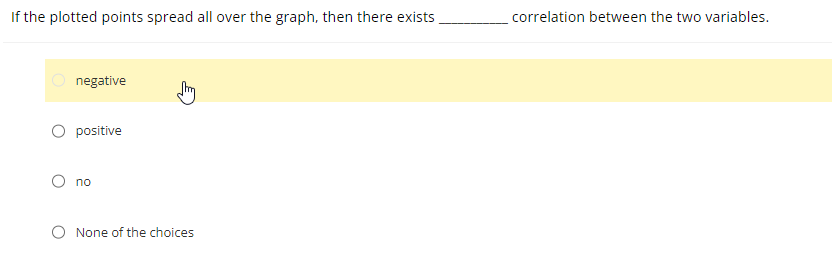 If the plotted points spread all over the graph, then there exists.
negative
O positive
no
O None of the choices
correlation between the two variables.