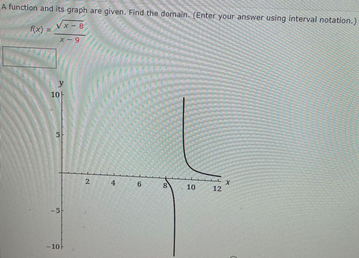 A function and its graph are given. Find the domain. (Enter your answer using interval notation.)
f(x) =
y
10
-5-
-10-
2
4
FARMA
6
10
12
X