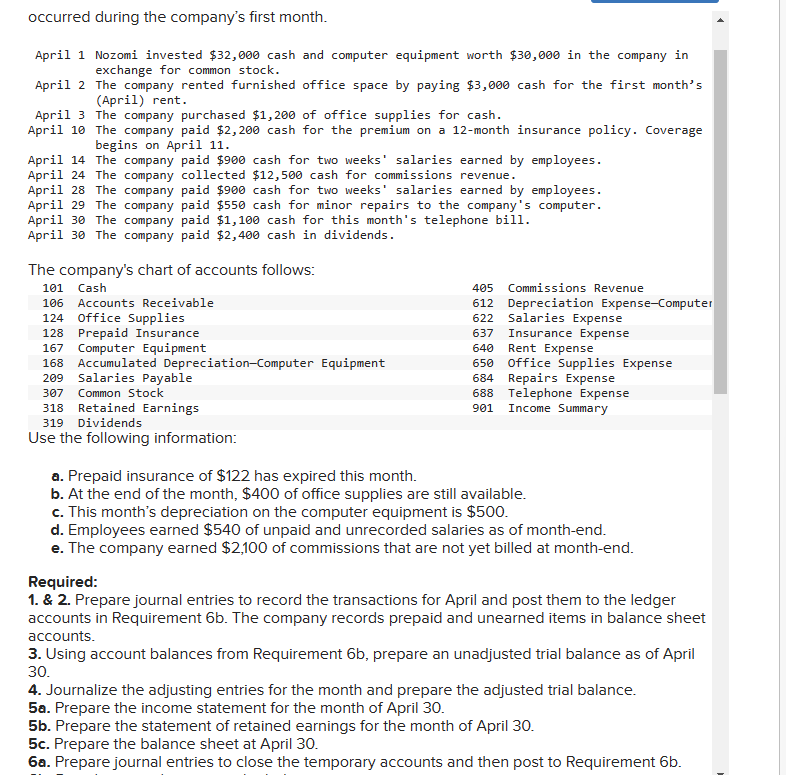 occurred during the company's first month.
April 1 Nozomi invested $32,000 cash and computer equipment worth $30,000 in the company in
exchange for common stock.
The company rented furnished office space by paying $3,000 cash for the first month's
(April) rent.
April 2
April 3 The company purchased $1,200 of office supplies for cash.
April 10 The company paid $2,200 cash for the premium on a 12-month insurance policy. Coverage
begins on April 11.
April 14 The company paid $900 cash for two weeks' salaries earned by employees.
April 24 The company collected $12,500 cash for commissions revenue.
April 28 The company paid $900 cash for two weeks' salaries earned by employees.
April 29 The company paid $550 cash for minor repairs to the company's computer.
April 30 The company paid $1,100 cash for this month's telephone bill.
April 30 The company paid $2,400 cash in dividends.
The company's chart of accounts follows:
101 Cash
106 Accounts Receivable
124 Office Supplies
128 Prepaid Insurance
167 Computer Equipment
168 Accumulated Depreciation-Computer Equipment
209 Salaries Payable
307 Common Stock
318 Retained Earnings
319 Dividends
Use the following information:
405 Commissions Revenue
612 Depreciation Expense-Computer
622 Salaries Expense
637
Insurance Expense
640
Rent Expense
650 Office Supplies Expense
684 Repairs Expense
688 Telephone Expense
Income Summary
901
a. Prepaid insurance of $122 has expired this month.
b. At the end of the month, $400 of office supplies are still available.
c. This month's depreciation on the computer equipment is $500.
d. Employees earned $540 of unpaid and unrecorded salaries as of month-end.
e. The company earned $2,100 of commissions that are not yet billed at month-end.
Required:
1. & 2. Prepare journal entries to record the transactions for April and post them to the ledger
accounts in Requirement 6b. The company records prepaid and unearned items in balance sheet
accounts.
3. Using account balances from Requirement 6b, prepare an unadjusted trial balance as of April
30.
4. Journalize the adjusting entries for the month and prepare the adjusted trial balance.
5a. Prepare the income statement for the month of April 30.
5b. Prepare the statement of retained earnings for the month of April 30.
5c. Prepare the balance sheet at April 30.
6a. Prepare journal entries to close the temporary accounts and then post to Requirement 6b.