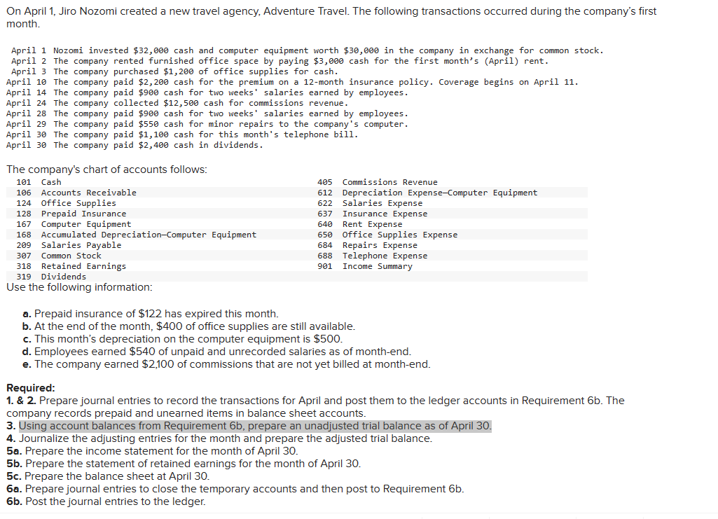 On April 1, Jiro Nozomi created a new travel agency, Adventure Travel. The following transactions occurred during the company's first
month.
April 1 Nozomi invested $32,000 cash and computer equipment worth $30,000 in the company in exchange for common stock.
April 2 The company rented furnished office space by paying $3,000 cash for the first month's (April) rent.
April 3 The company purchased $1,200 of office supplies for cash.
April 10 The company paid $2,200 cash for the premium on a 12-month insurance policy. Coverage begins on April 11.
April 14 The company paid $900 cash for two weeks' salaries earned by employees.
April 24 The company collected $12,500 cash for commissions revenue.
April 28 The company paid $900 cash for two weeks' salaries earned by employees.
April 29 The company paid $550 cash for minor repairs to the company's computer.
April 30 The company paid $1,100 cash for this month's telephone bill.
April 30 The company paid $2,400 cash in dividends.
The company's chart of accounts follows:
101 Cash
106 Accounts Receivable
124 Office Supplies
128 Prepaid Insurance.
167 Computer Equipment
168 Accumulated Depreciation-Computer Equipment
Salaries Payable
209
307
Common Stock
318
319 Dividends
Use the following information:
Retained Earnings
405 Commissions Revenue
612 Depreciation Expense-Computer Equipment
622 Salaries Expense
637
Insurance Expense
640 Rent Expense
650 Office Supplies Expense
684 Repairs Expense
688 Telephone Expense
901
Income Summary
a. Prepaid insurance of $122 has expired this month.
b. At the end of the month, $400 of office supplies are still available.
c. This month's depreciation on the computer equipment is $500.
d. Employees earned $540 of unpaid and unrecorded salaries as of month-end.
e. The company earned $2,100 of commissions that are not yet billed at month-end.
Required:
1. & 2. Prepare journal entries to record the transactions for April and post them to the ledger accounts in Requirement 6b. The
company records prepaid and unearned items in balance sheet accounts.
3. Using account balances from Requirement 6b, prepare an unadjusted trial balance as of April 30.
4. Journalize the adjusting entries for the month and prepare the adjusted trial balance.
5a. Prepare the income statement for the month of April 30.
5b. Prepare the statement of retained earnings for the month of April 30.
5c. Prepare the balance sheet at April 30.
6a. Prepare journal entries to close the temporary accounts and then post to Requirement 6b.
6b. Post the journal entries to the ledger.