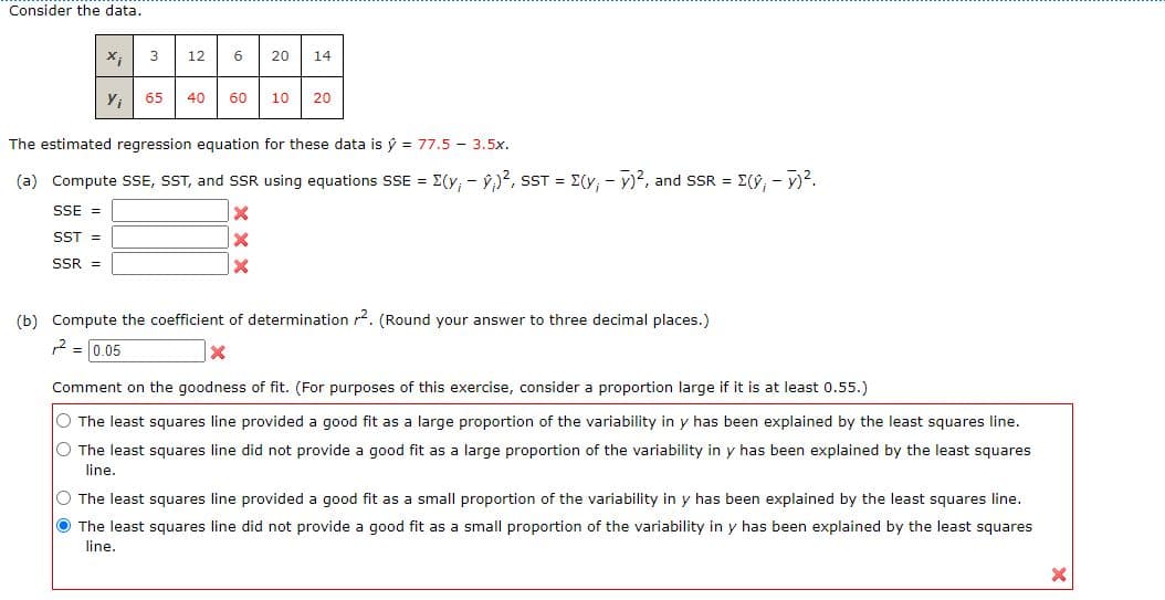 Consider the data.
3
12
6
20
14
65
40
60
10
20
The estimated regression equation for these data is ý = 77.5 - 3.5x.
(a) Compute SSE, SST, and SSR using equations SSE = E(y, - Ý,)², SST = E(y, - y)2, and SSR = E(9, - y)?.
SSE =
SST =
SSR =
(b) Compute the coefficient of determination 2. (Round your answer to three decimal places.)
2 = 0.05
Comment on the goodness of fit. (For purposes of this exercise, consider a proportion large if it is at least 0.55.)
O The least squares line provided a good fit as a large proportion of the variability in y has been explained by the least squares line.
O The least squares line did not provide a good fit as a large proportion of the variability in y has been explained by the least squares
line.
O The least squares line provided a good fit as a small proportion of the variability in y has been explained by the least squares line.
O The least squares line did not provide a good fit as a small proportion of the variability in y has been explained by the least squares
line.
