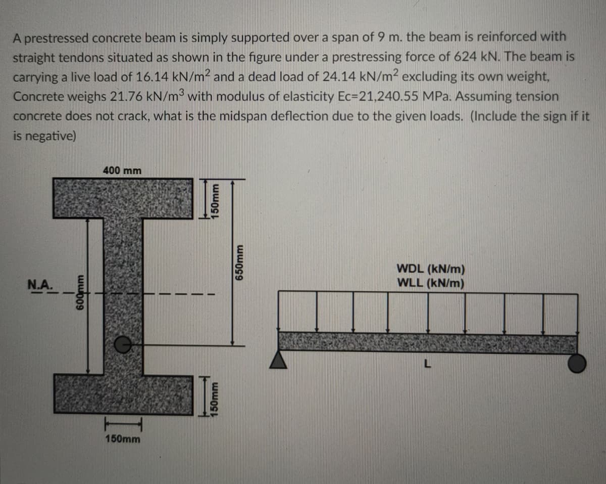 A prestressed concrete beam is simply supported over a span of 9 m. the beam is reinforced with
straight tendons situated as shown in the figure under a prestressing force of 624 kN. The beam is
carrying a live load of 16.14 kN/m² and a dead load of 24.14 kN/m² excluding its own weight,
Concrete weighs 21.76 kN/m³ with modulus of elasticity Ec=21,240.55 MPa. Assuming tension
concrete does not crack, what is the midspan deflection due to the given loads. (Include the sign if it
is negative)
400 mm
WDL (kN/m)
WLL (kN/m)
N.A.
150mm
wubo9
150mm
150mm
650mm
