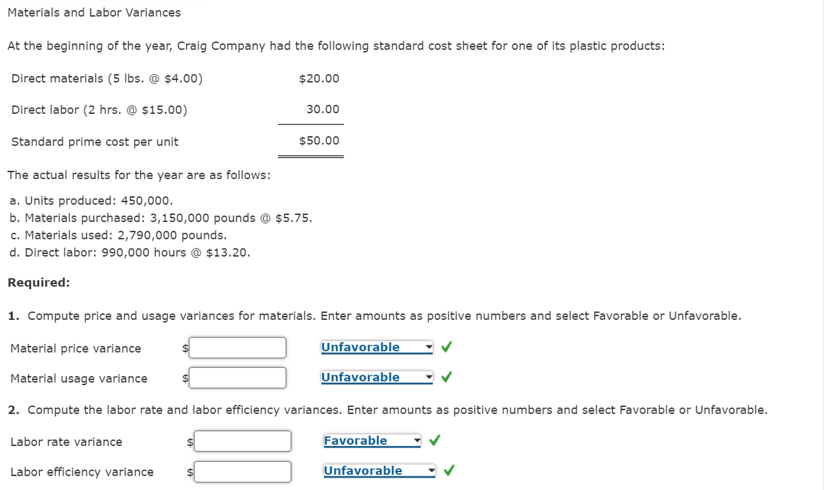 Materials and Labor Variances
At the beginning of the year, Craig Company had the following standard cost sheet for one of its plastic products:
Direct materials (5 lbs. @ $4.00)
Direct labor (2 hrs. @ $15.00)
Standard prime cost per unit
$20.00
Labor rate variance
30.00
The actual results for the year are as follows:
a. Units produced: 450,000.
b. Materials purchased: 3,150,000 pounds @ $5.75.
c. Materials used: 2,790,000 pounds.
d. Direct labor: 990,000 hours @ $13.20.
Required:
1. Compute price and usage variances for materials. Enter amounts as positive numbers and select Favorable or Unfavorable.
Labor efficiency variance
$50.00
Material price variance
Material usage variance
2. Compute the labor rate and labor efficiency variances. Enter amounts as positive numbers and select Favorable or Unfavorable.
Unfavorable
Unfavorable
Favorable
Unfavorable