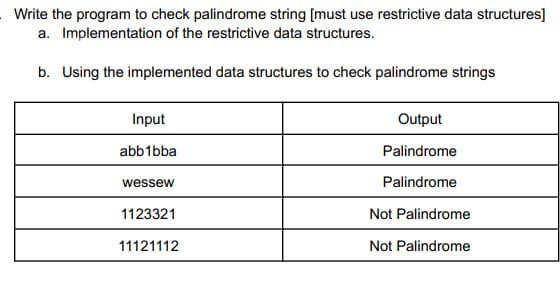 Write the program to check palindrome string [must use restrictive data structures]
a. Implementation of the restrictive data structures.
b. Using the implemented data structures to check palindrome strings
Input
Output
abb1bba
Palindrome
wessew
Palindrome
1123321
Not Palindrome
11121112
Not Palindrome