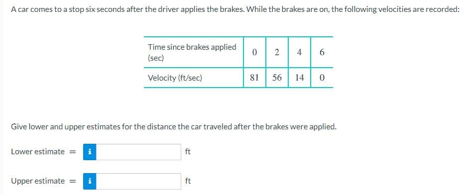 ## Estimating the Distance a Car Travels After Braking

### Problem Statement:

A car comes to a stop six seconds after the driver applies the brakes. The following velocities were recorded over that period:

| Time since brakes applied (sec) | 0 | 2 | 4 | 6 |
|---|---|---|---|---|
| Velocity (ft/sec)               | 81 | 56 | 14 | 0 |

### Objective:

Give lower and upper estimates for the distance the car traveled after the brakes were applied.

### Instructions:

For calculating the lower and upper estimates of the distance, please provide the values in the respective fields below:

**Lower estimate** (in feet): [ ______ ] ft

**Upper estimate** (in feet): [ ______ ] ft