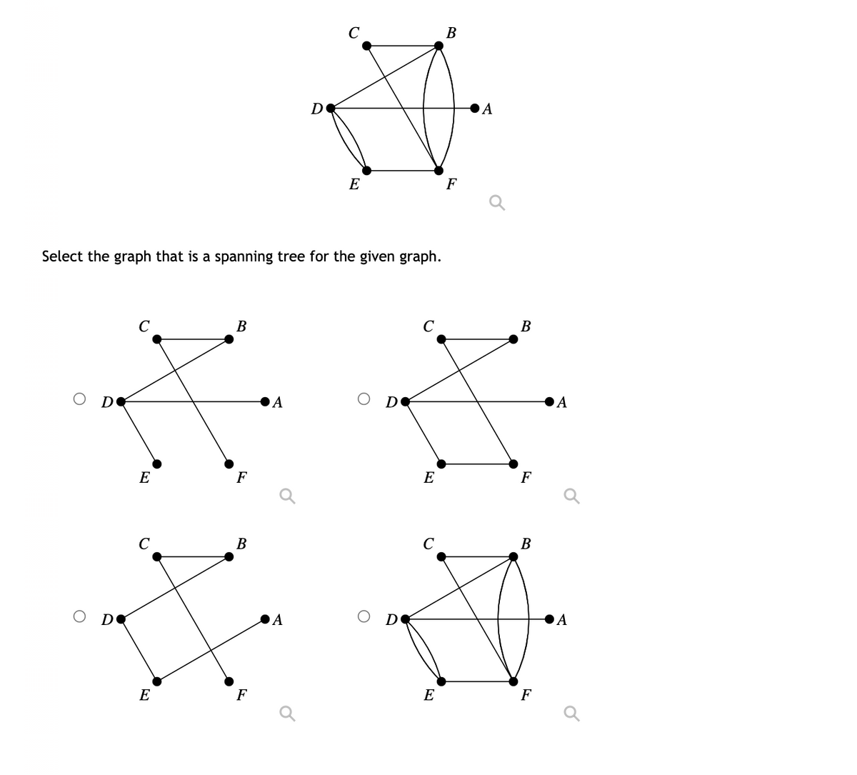 В
DO
DA
E
F
Select the graph that is a spanning tree for the given graph.
В
В
A
A
E
F
E
F
C
В
C
В
A
DO
●A
E
F
E
F
